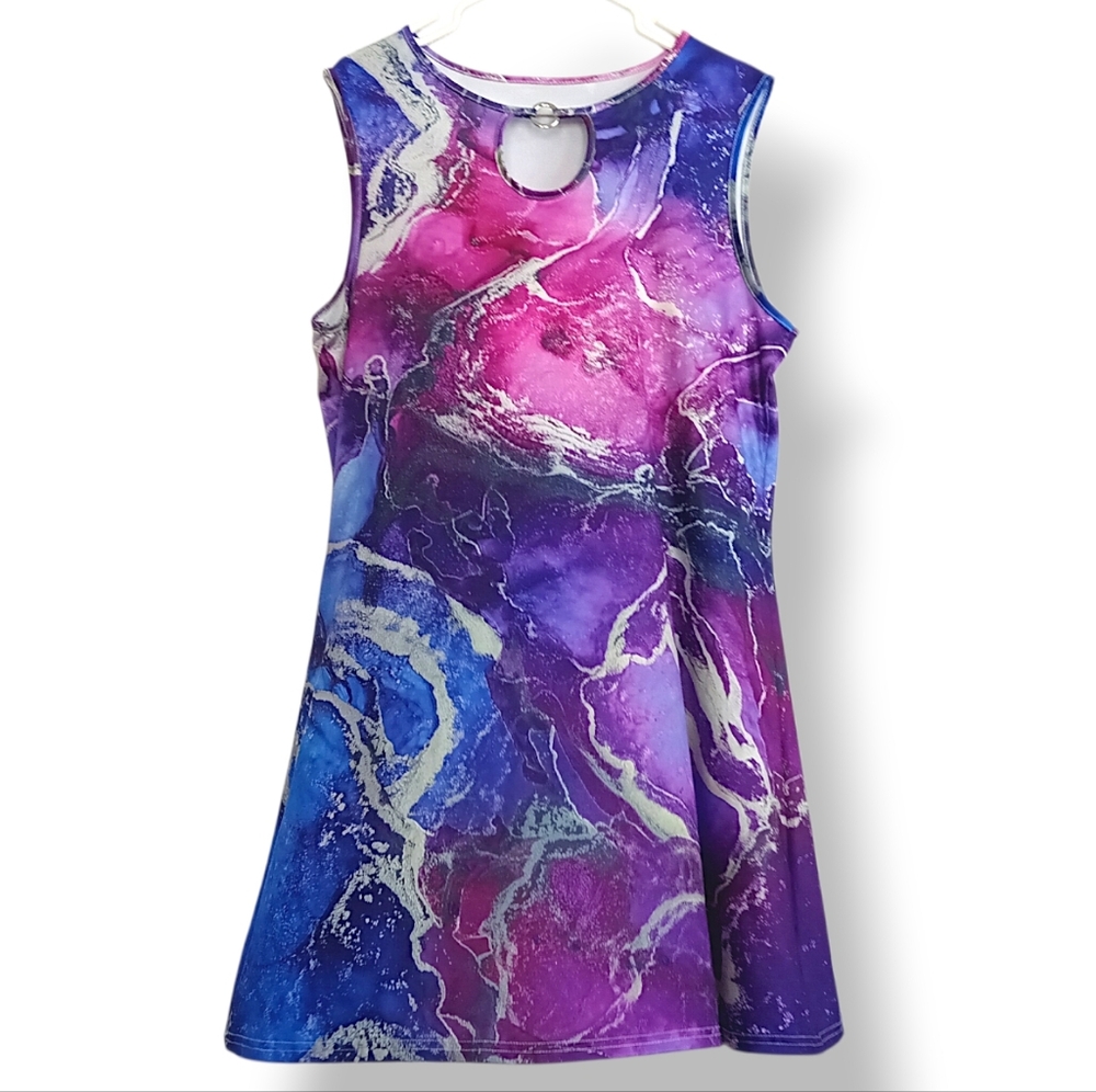 Retro Purple Tie Dye Mini Dress Keyhole 60s Mod Festival Party